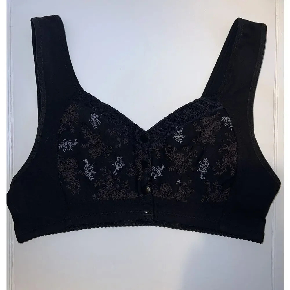 Glamorette Black Floral Snap Button Front Closure Lingerie Wire Free Bra Size 36